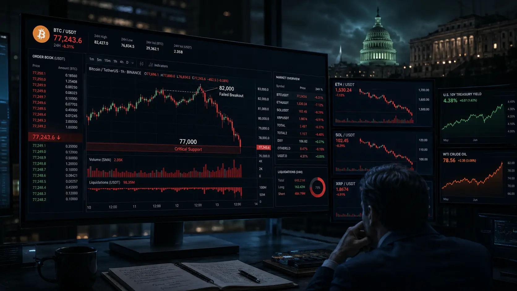 ビットコイン78,000ドル割れ、マクロと清算がClarity法案の好材料を消す