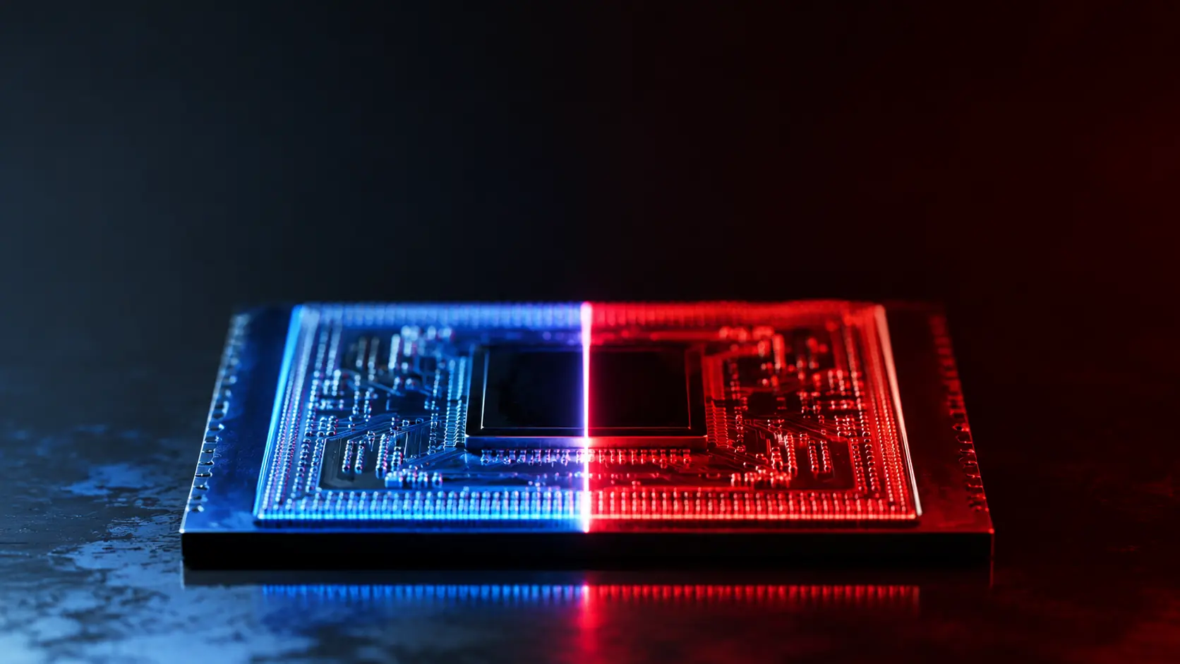 反射する背景に置かれた未来型半導体チップ